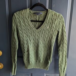 Ralph Lauren Olive Green Cable-Knit V-Neck Sweater